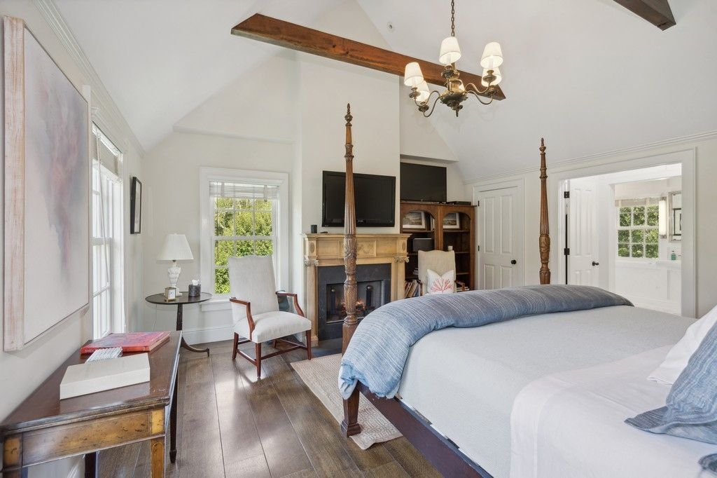Bedroom, Chandelier, Fireplace, Interior, Wooden Beams, Wood Texture Flooring