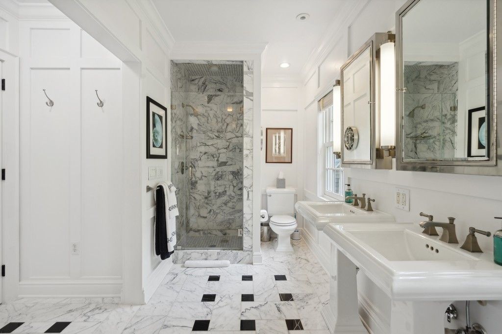 Bathroom, Glass Shower, Interior, Marble, Marble Walls, Recessed Lighting