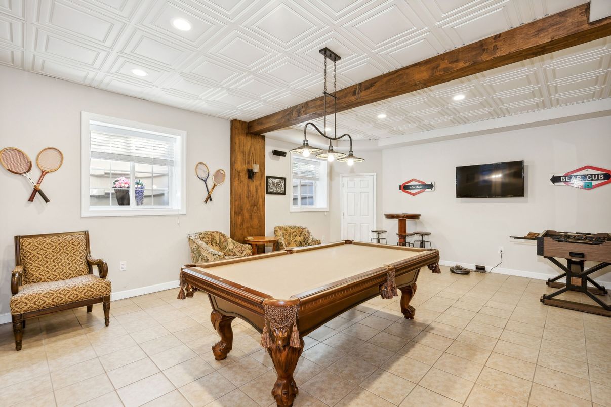 Billiard Table, Game Room, Interior, Pendant Lights, Recessed Lighting, Wooden Beams