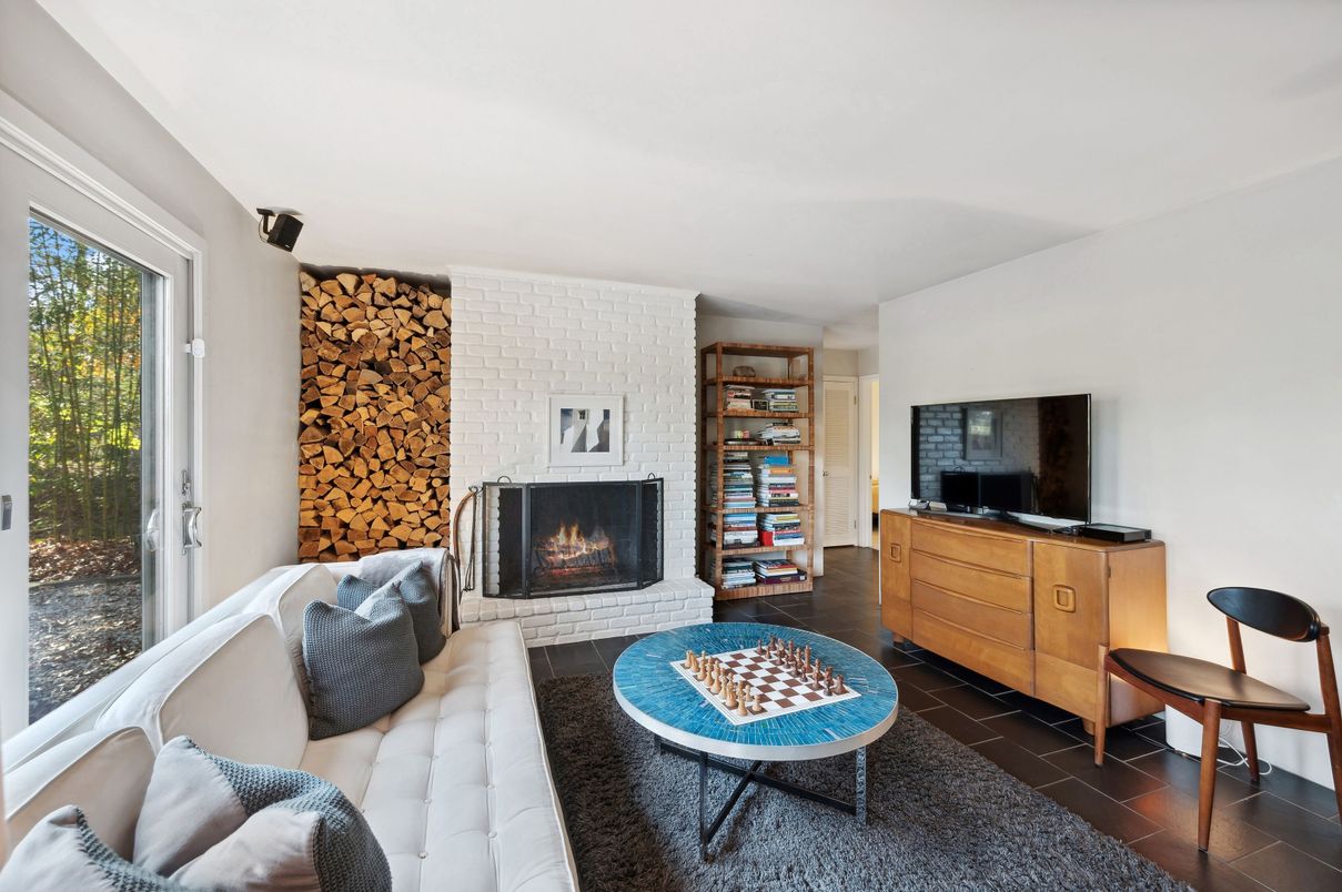 Fireplace, Interior, Living room, Stone Walls, Wood Texture Flooring