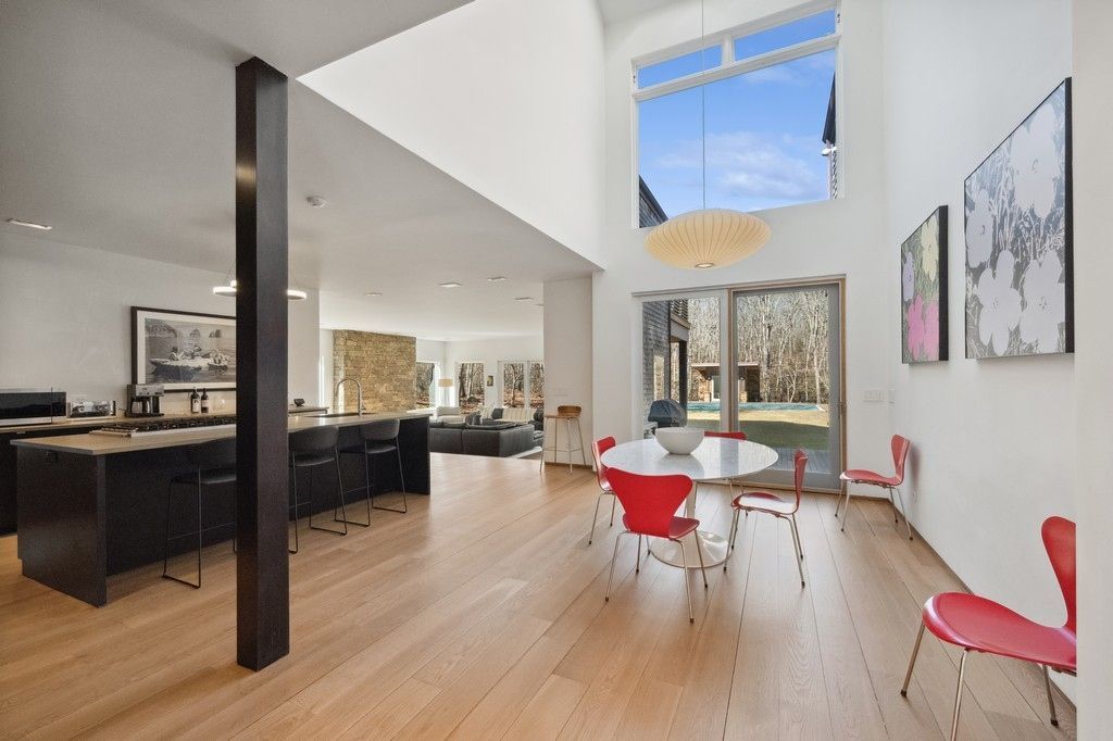 Dining room, Interior, Pendant Lights, Recessed Lighting, Wood Texture Flooring
