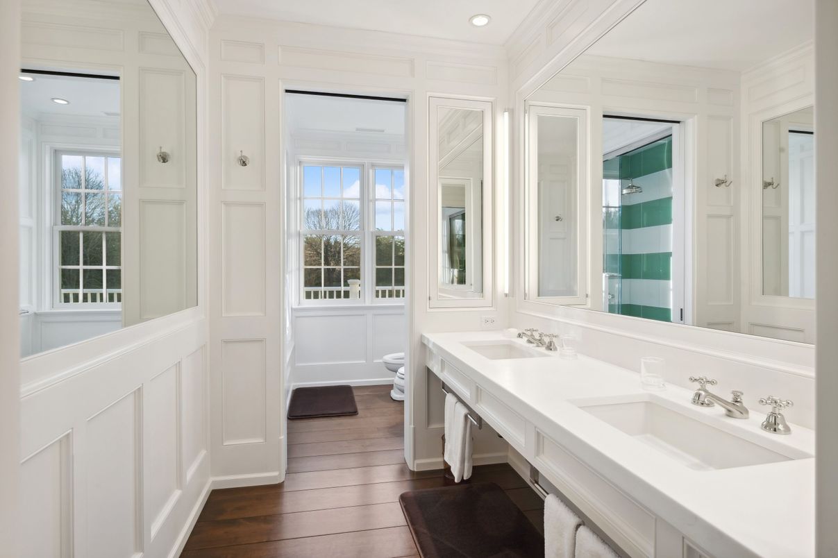 Bathroom, Dual Sink Vanities, Interior, Recessed Lighting, Wood Texture Flooring