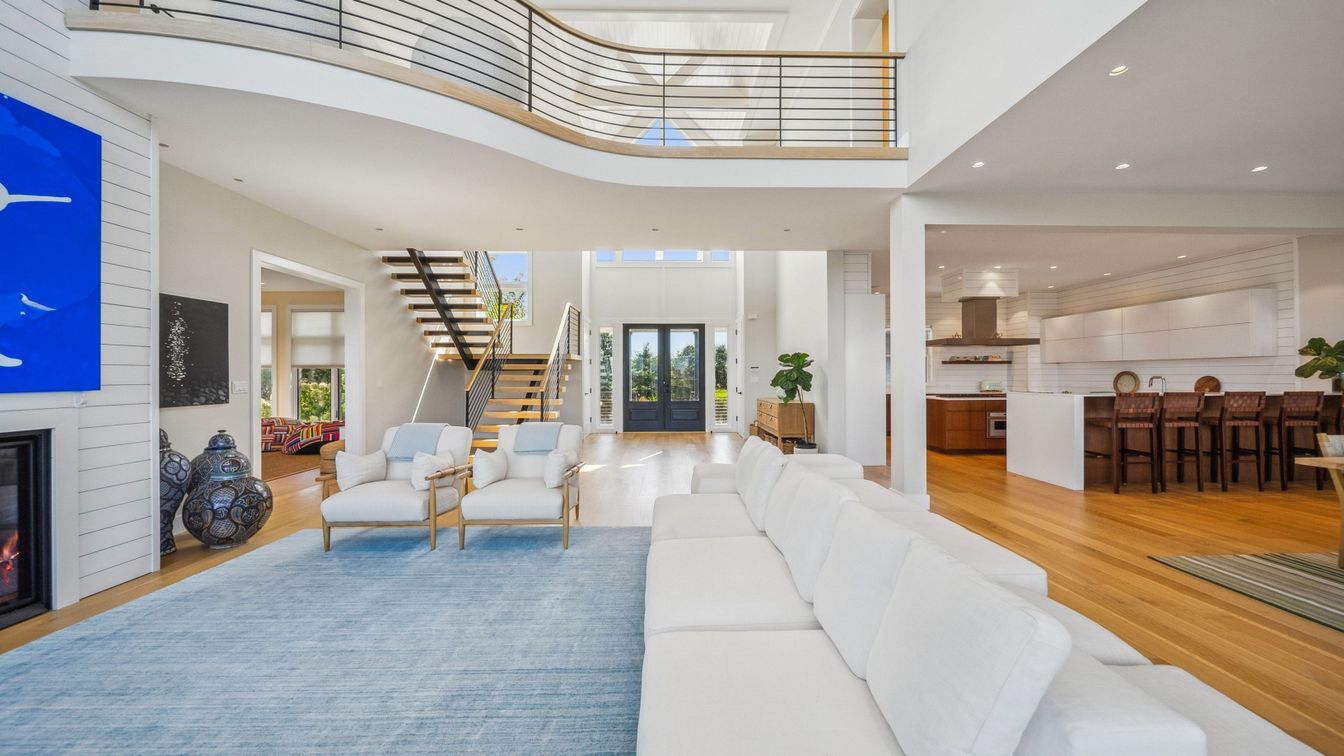 Fireplace, Interior, Kitchen, Living room, Recessed Lighting, Wood Texture Flooring