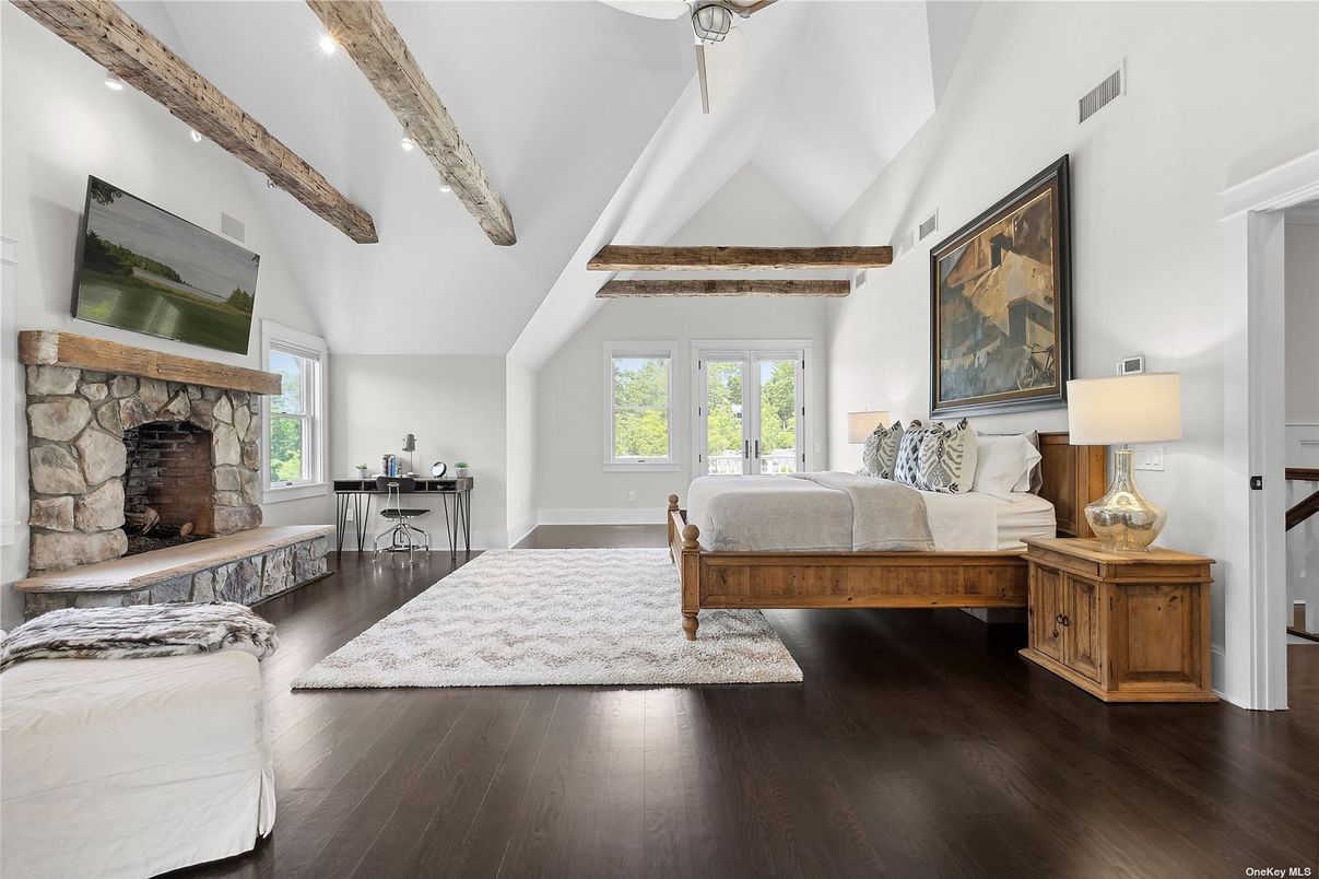 Bedroom, Fireplace, Interior, Recessed Lighting, Wooden Beams, Wood Texture Flooring