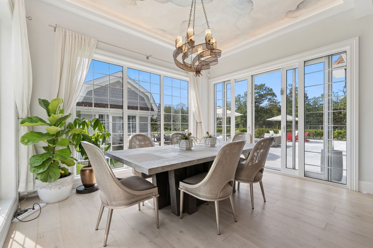 Chandelier, Dining room, Interior, Sun Room, Wood Texture Flooring