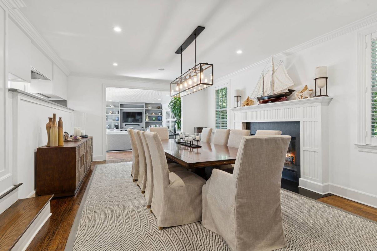 Dining room, Fireplace, Interior, Pendant Lights, Recessed Lighting, Wood Texture Flooring