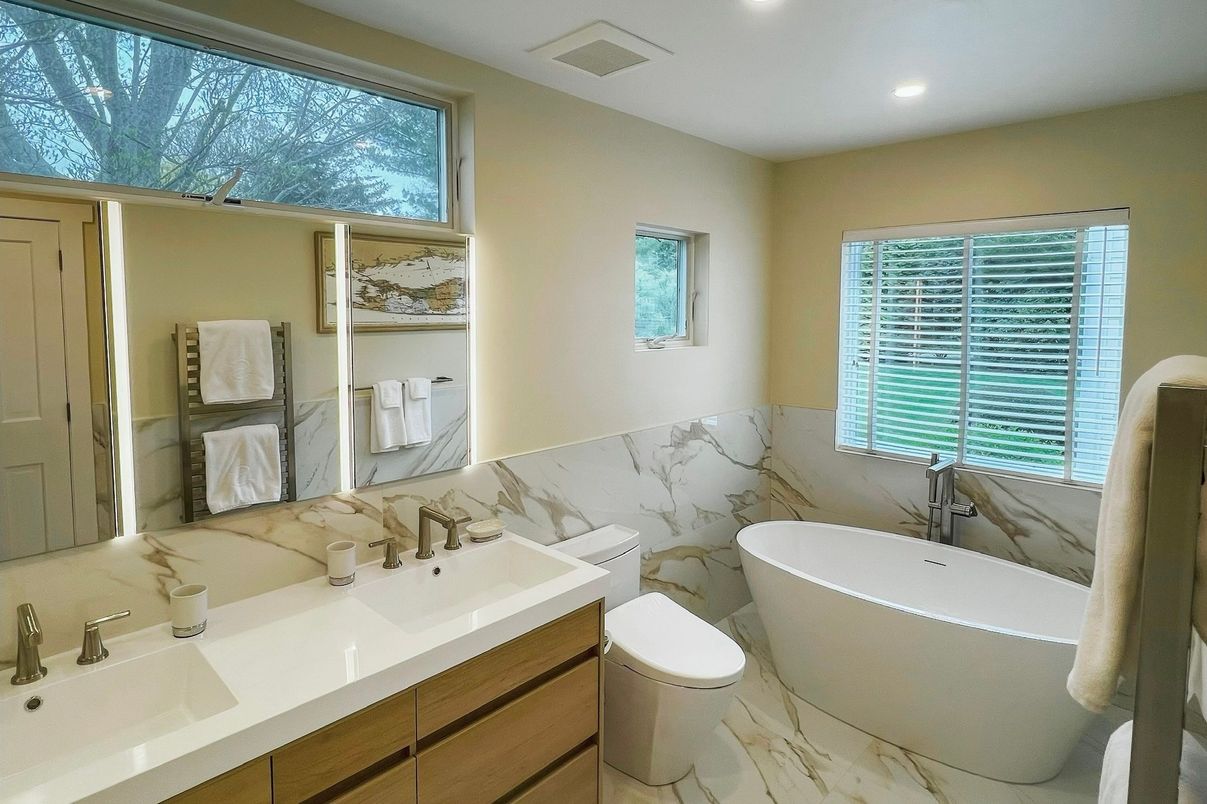 Bathroom, Dual Sink Vanities, Free Standing Baths, Interior, Marble, Marble Walls, Recessed Lighting