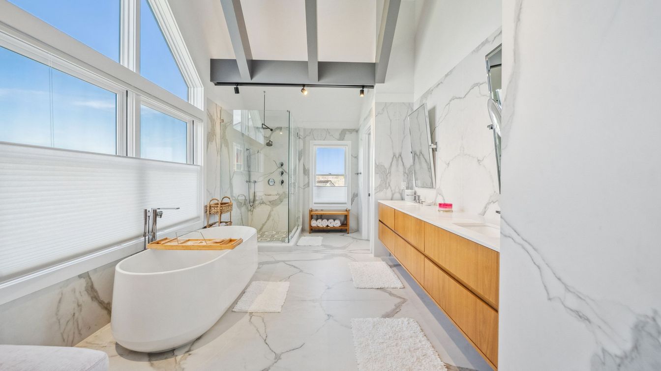 Bathroom, Free Standing Baths, Glass Shower, Interior, Marble, Marble Walls