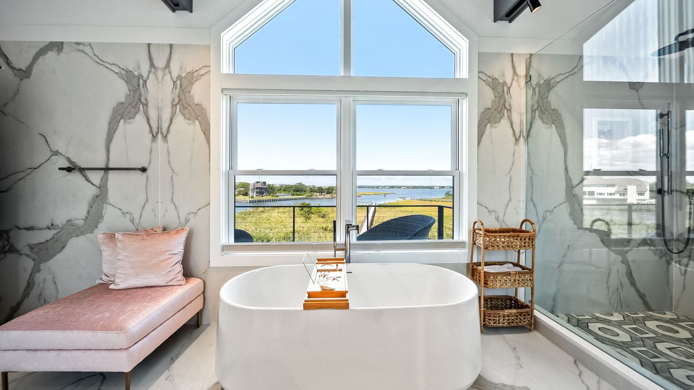 Bathroom, Free Standing Baths, Glass Shower, Interior, Marble, Marble Walls, Water