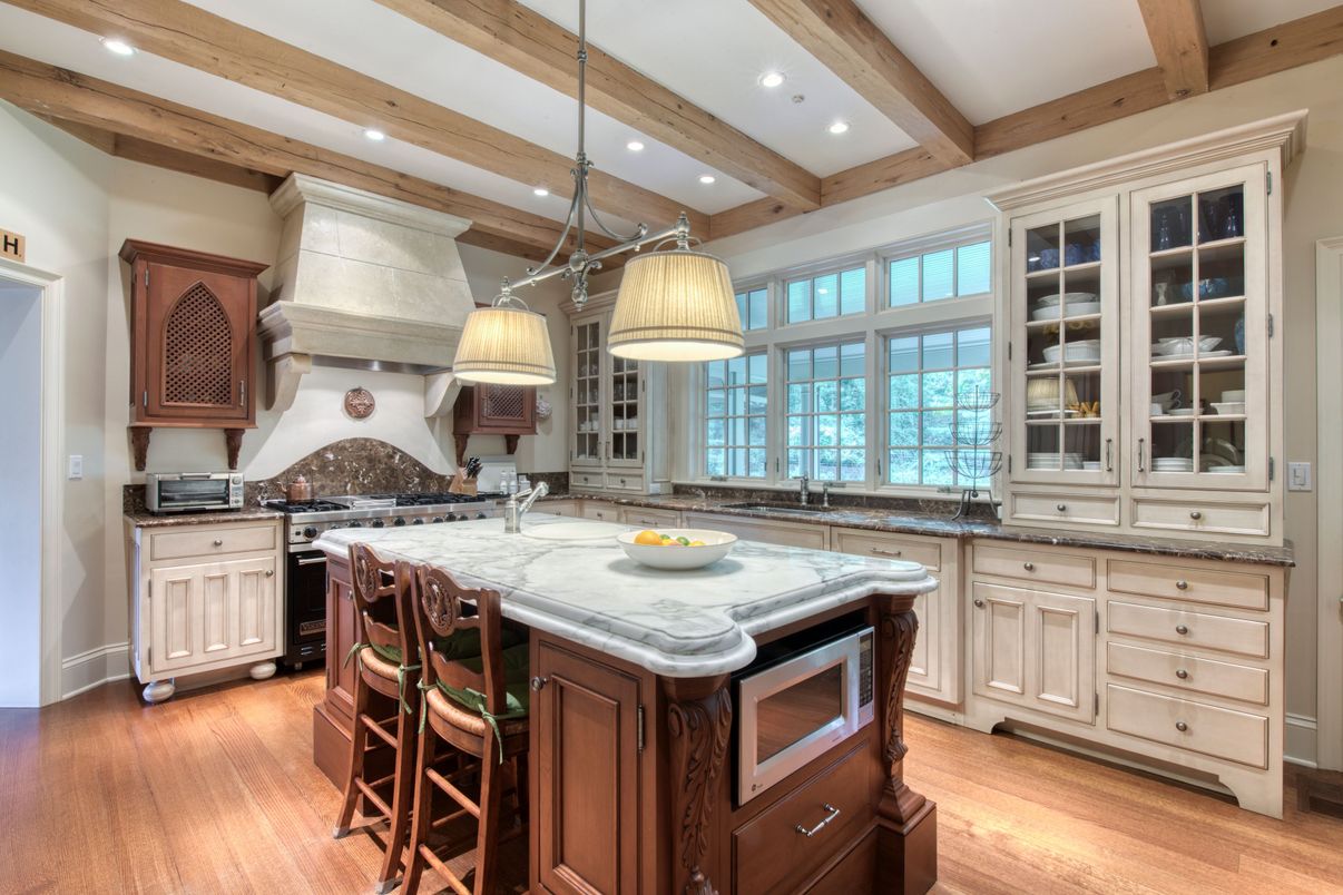 Interior, Kitchen, Pendant Lights, Recessed Lighting, Stainless Steel Appliances, Wooden Beams, Wood Texture Flooring