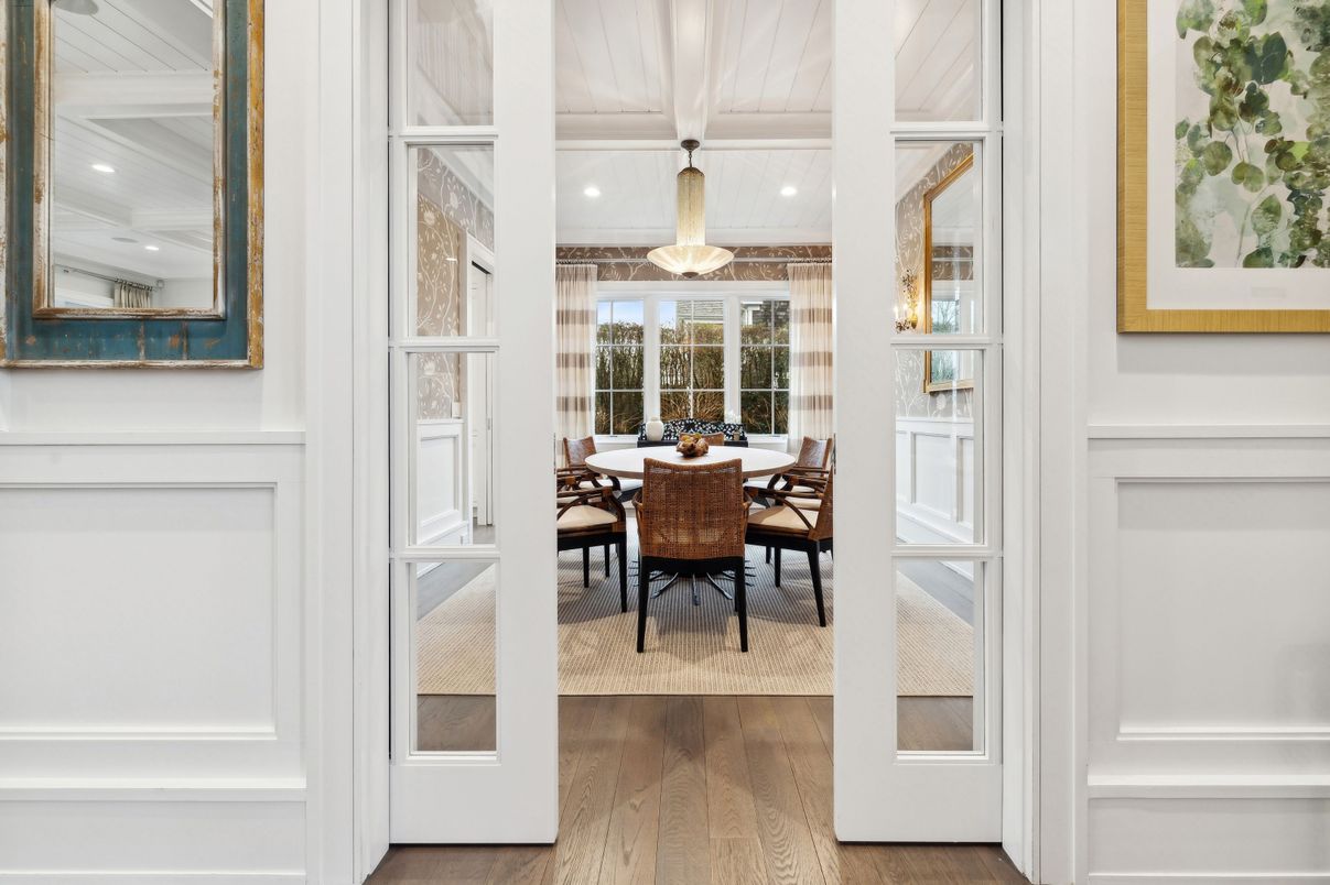 Dining room, Interior, Pendant Lights, Wood Texture Flooring