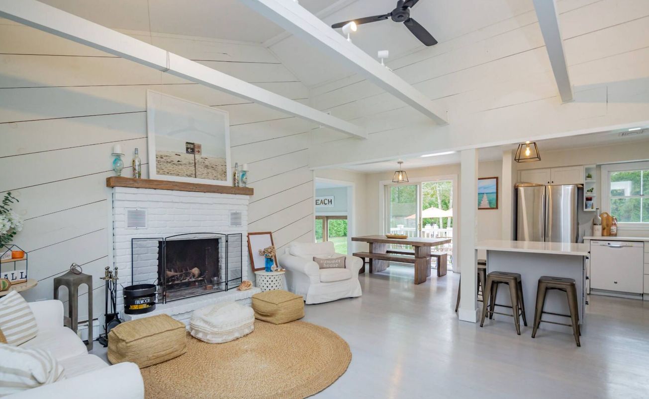 Dining room, Fireplace, Interior, Kitchen, Living room, Pendant Lights, Stainless Steel Appliances