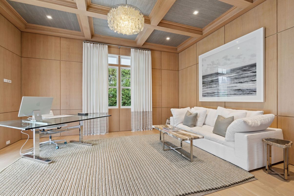 Chandelier, Home Office, Interior, Recessed Lighting, Wooden Beams, Wooden Ceilings, Wood Texture Flooring, Wooden Walls