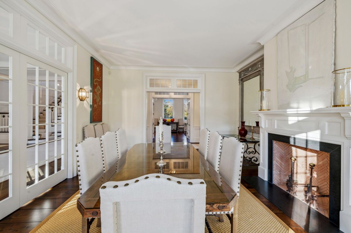 Dining room, Fireplace, Interior, Wood Texture Flooring