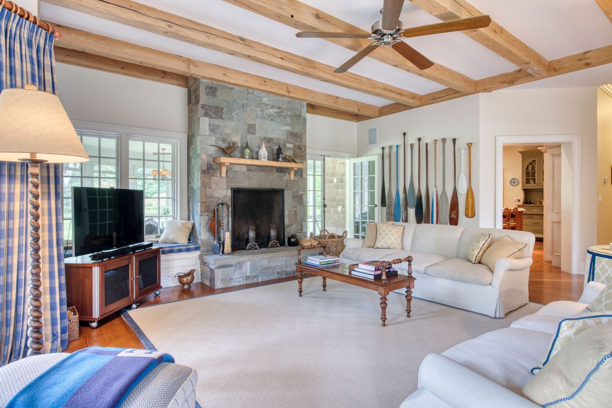 Fireplace, Interior, Living room, Stone Walls, Wooden Beams, Wood Texture Flooring