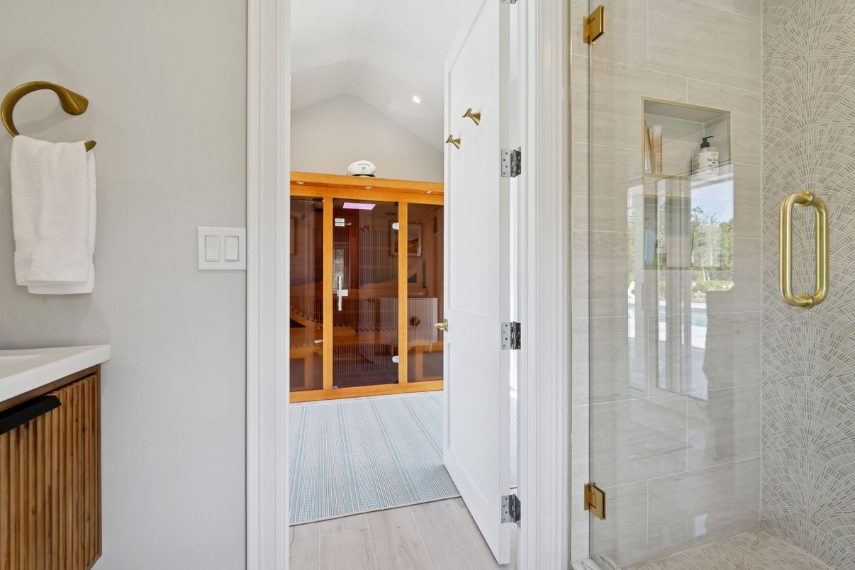 Bathroom, Glass Shower, Interior, Recessed Lighting, Wood Texture Flooring