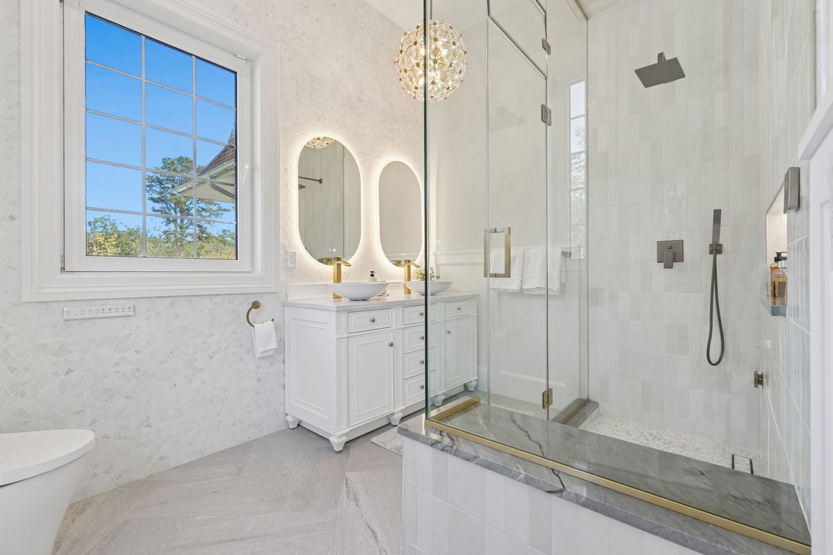 Bathroom, Dual Sink Vanities, Glass Shower, Interior, Pendant Lights