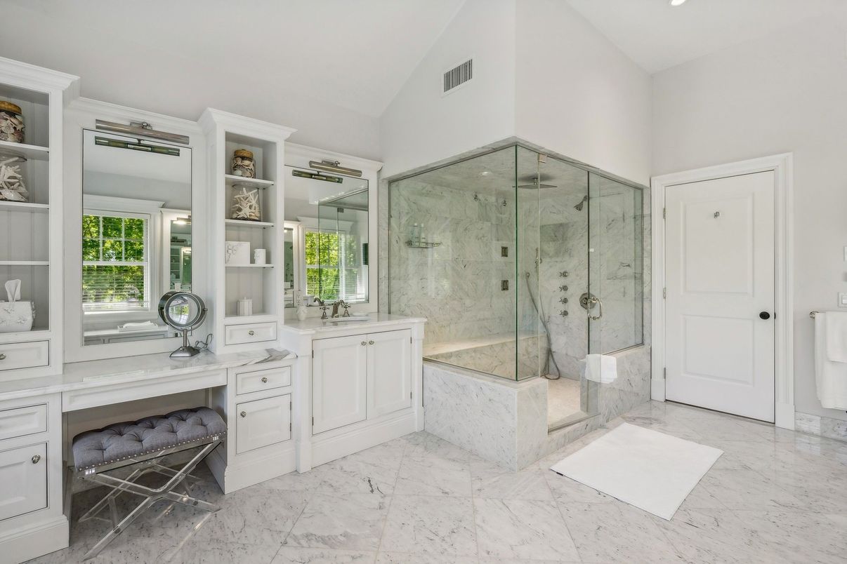 Bathroom, Glass Shower, Interior, Marble, Marble Walls, Recessed Lighting