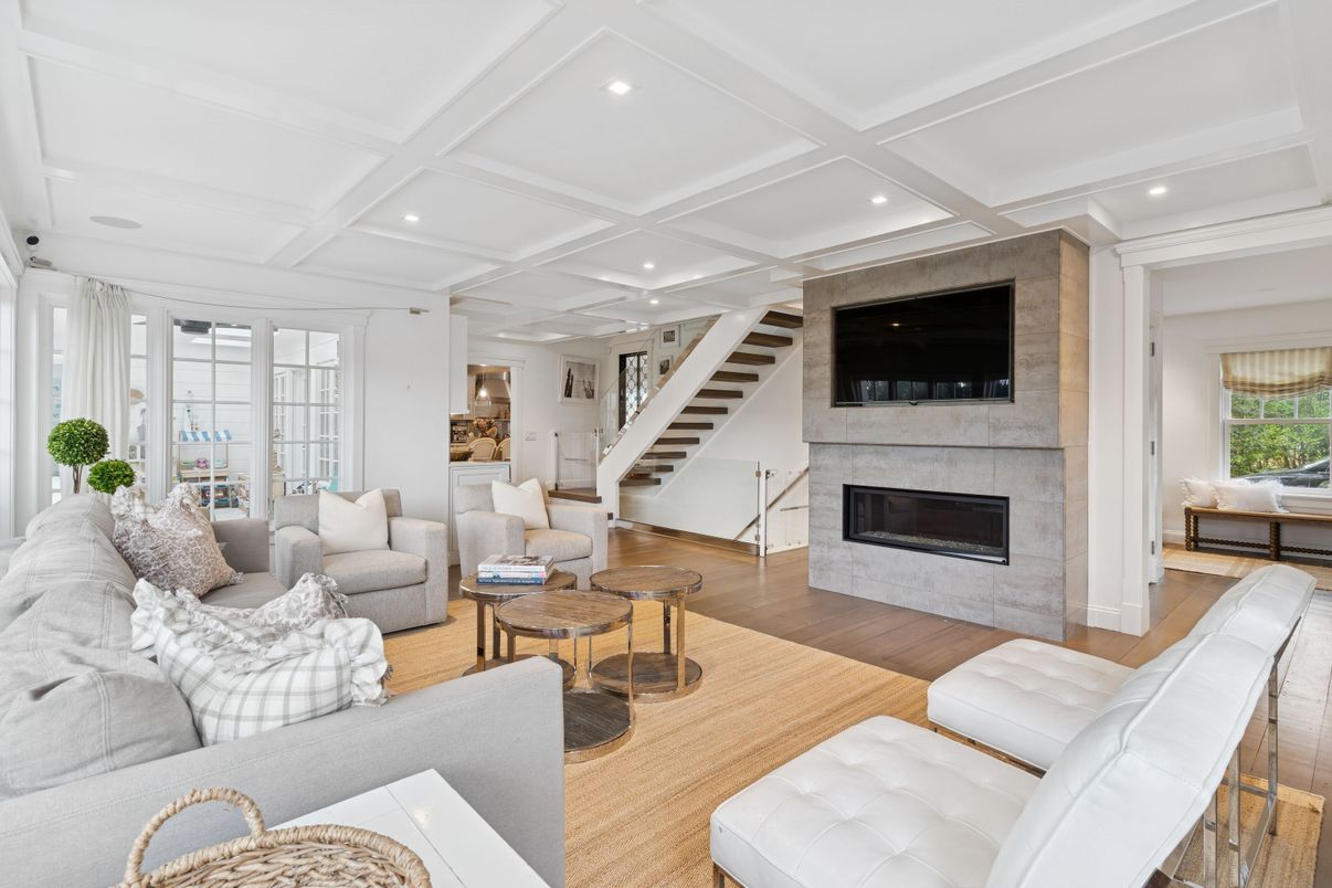 Fireplace, Interior, Living room, Recessed Lighting, Wood Texture Flooring