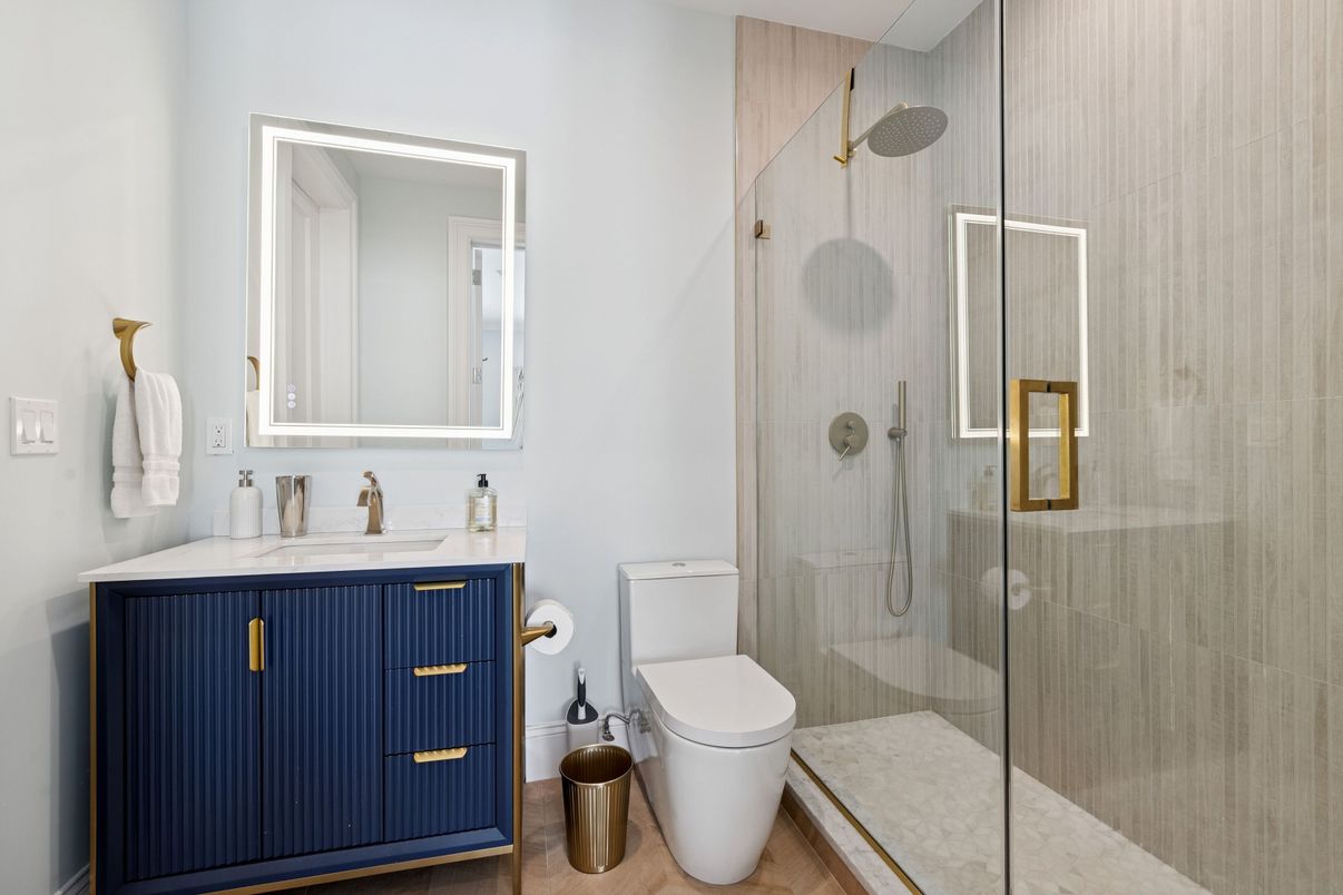 Bathroom, Glass Shower, Interior, Wood Texture Flooring