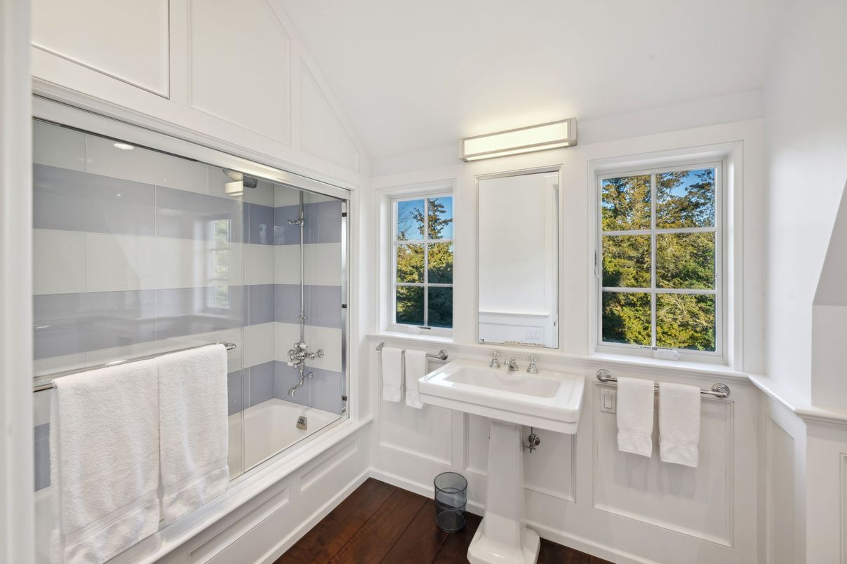 Bathroom, Glass Shower, Interior, Wood Texture Flooring