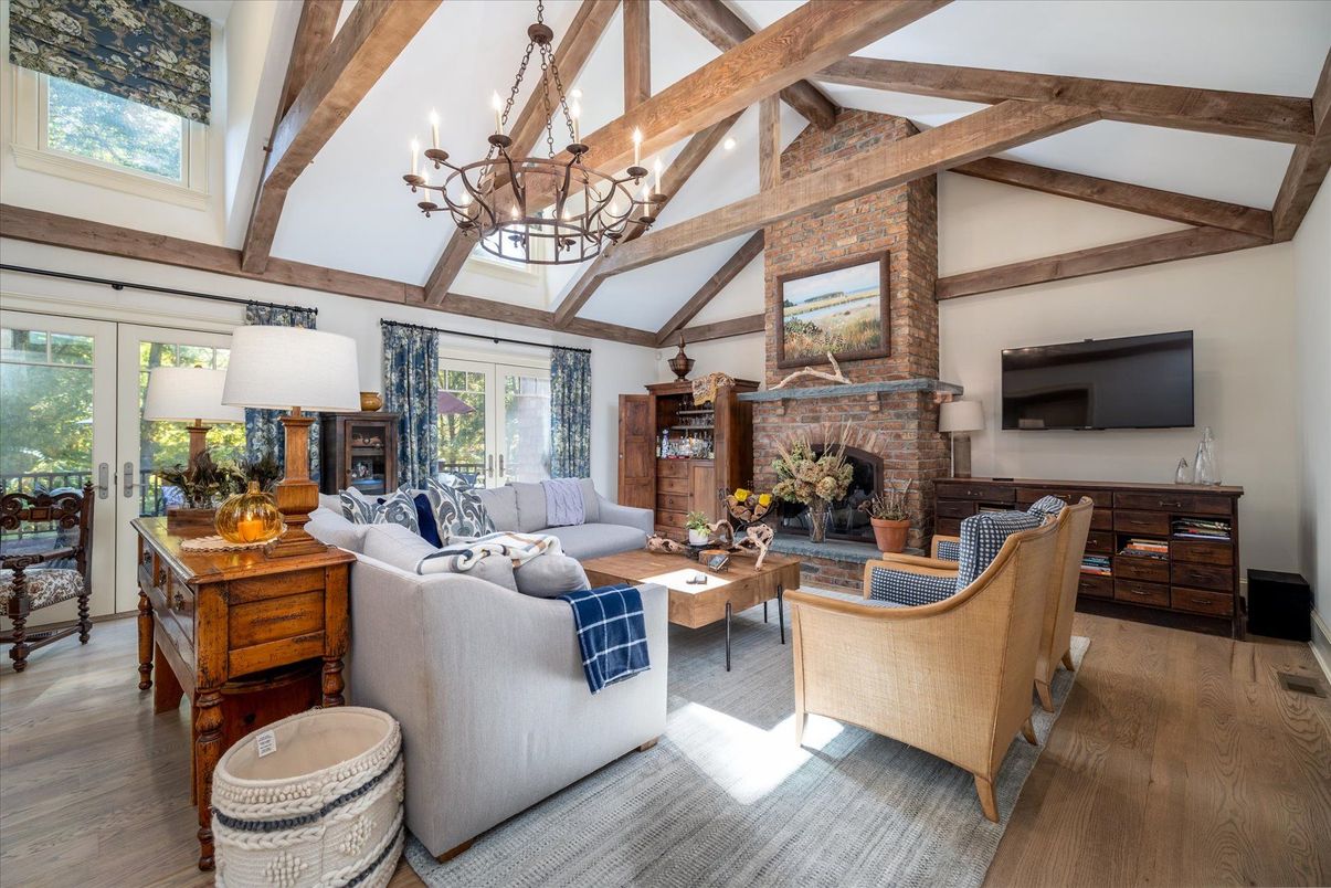 Chandelier, Fireplace, Interior, Living room, Wooden Beams, Wood Texture Flooring