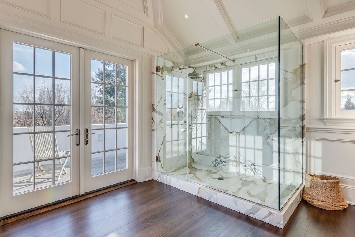 Bathroom, Glass Shower, Interior, Recessed Lighting, Wood Texture Flooring