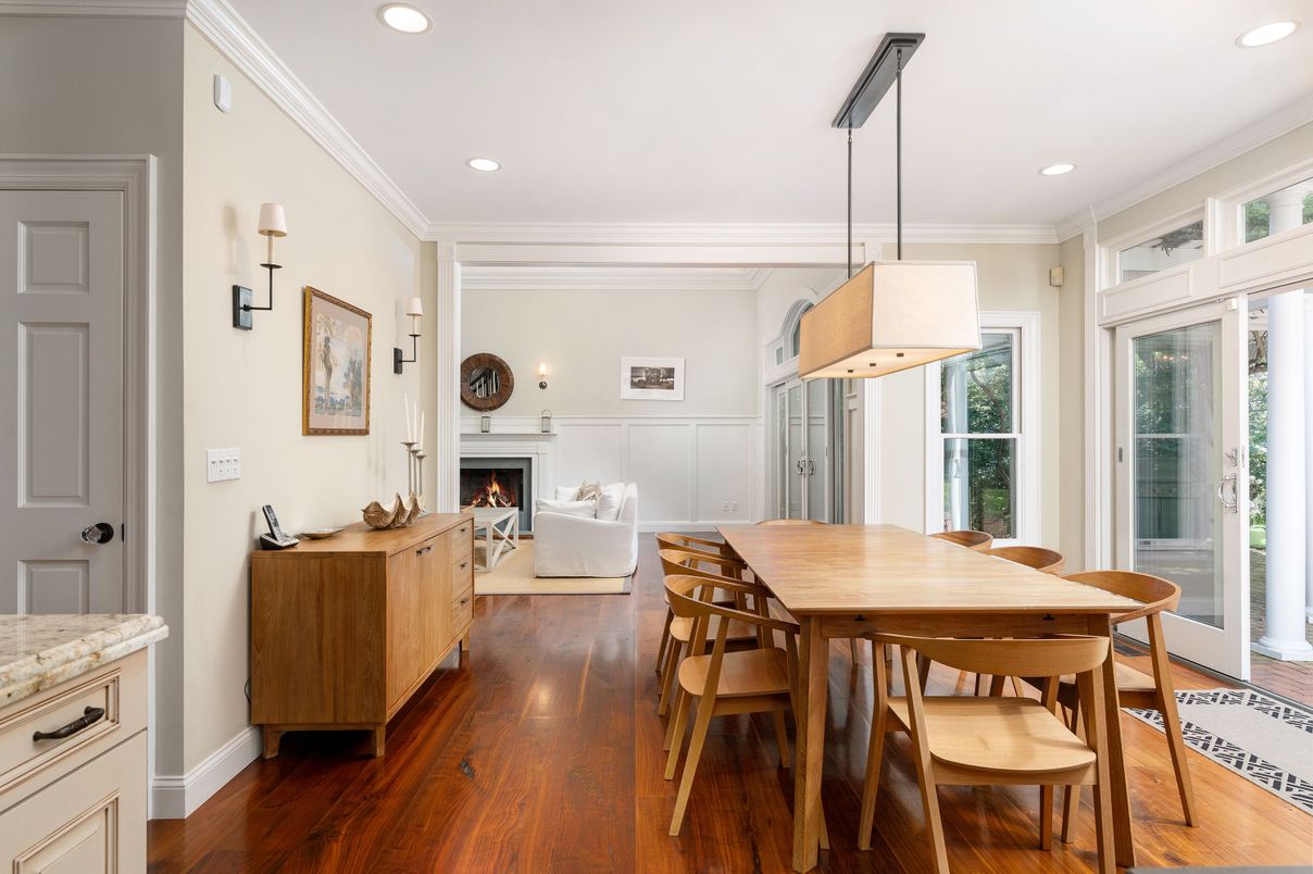 Dining room, Fireplace, Interior, Living room, Pendant Lights, Recessed Lighting, Wood Texture Flooring