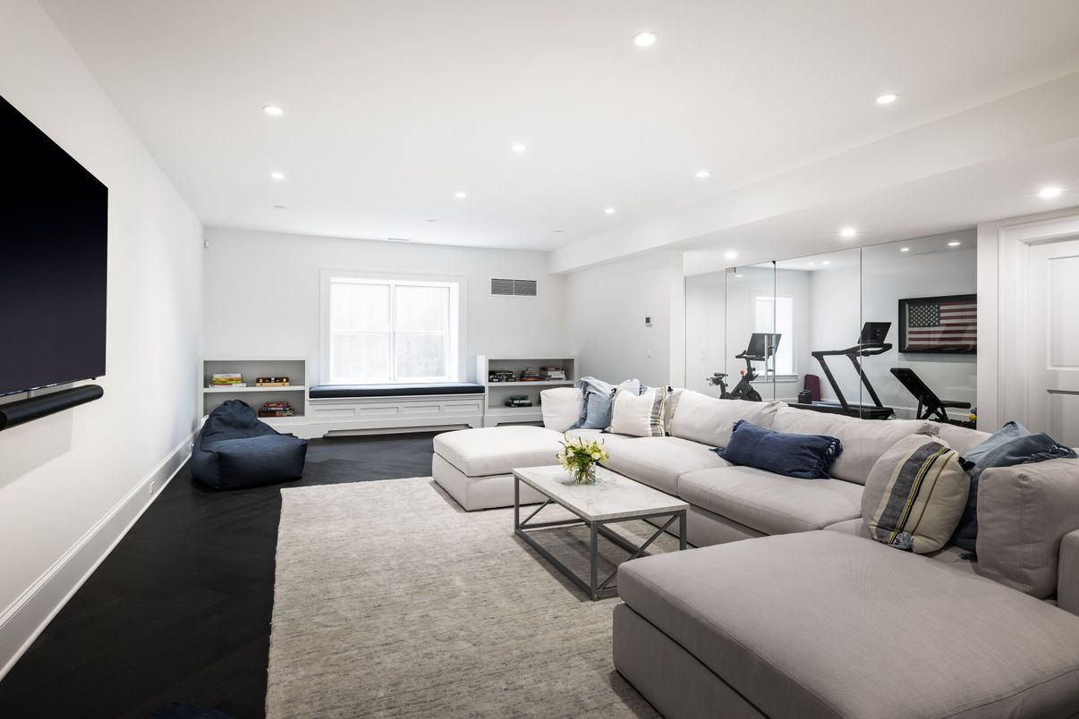 Fireplace, Fitness Equipment, Interior, Living room, Recessed Lighting, Wood Texture Flooring