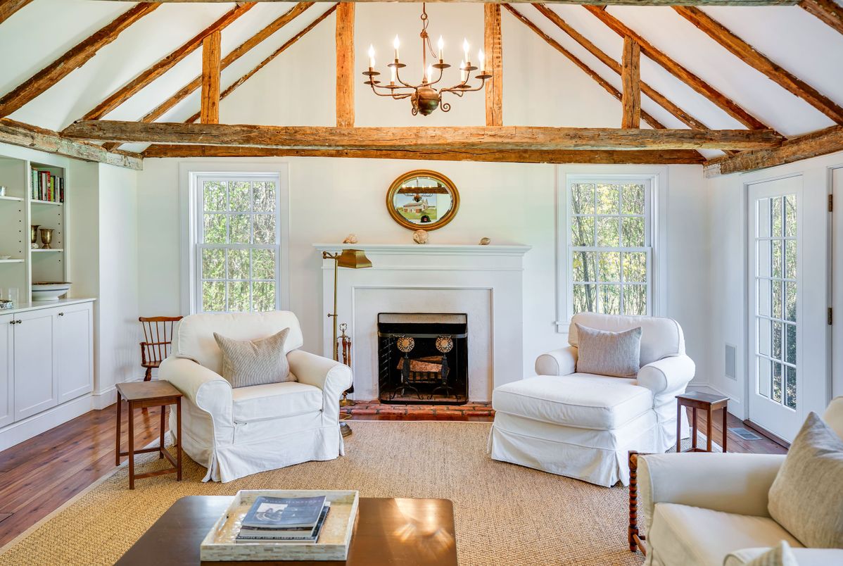 Chandelier, Fireplace, Interior, Wooden Beams, Wood Texture Flooring