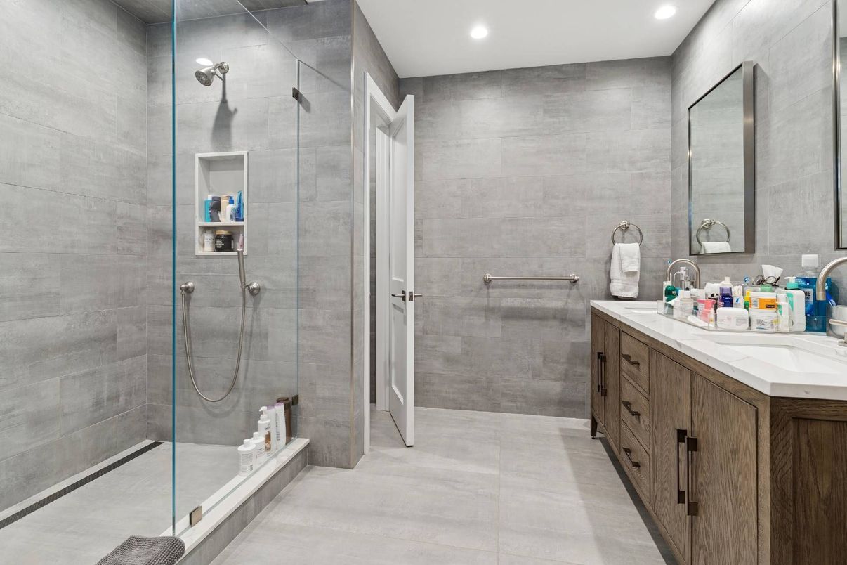 Bathroom, Dual Sink Vanities, Glass Shower, Interior, Recessed Lighting