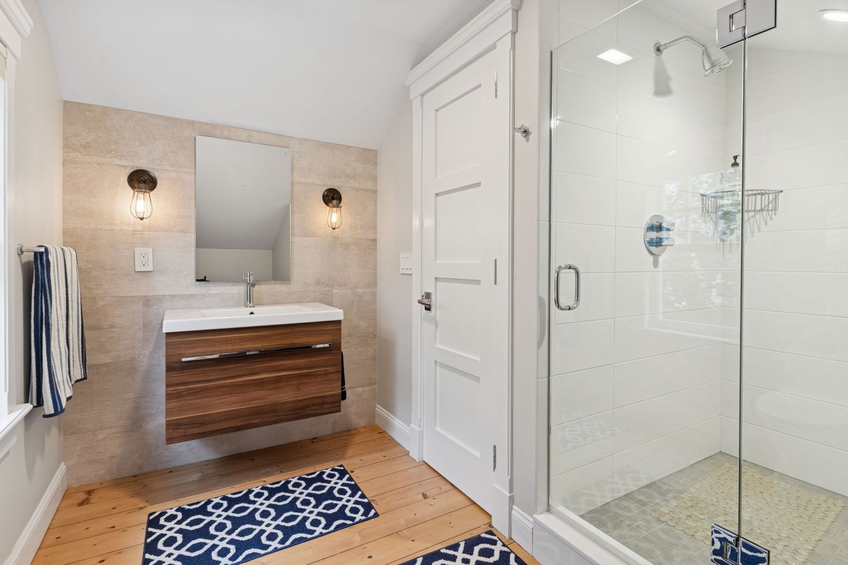 Bathroom, Glass Shower, Interior, Wood Texture Flooring