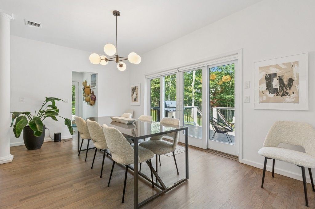Dining room, Interior, Pendant Lights, Wood Texture Flooring