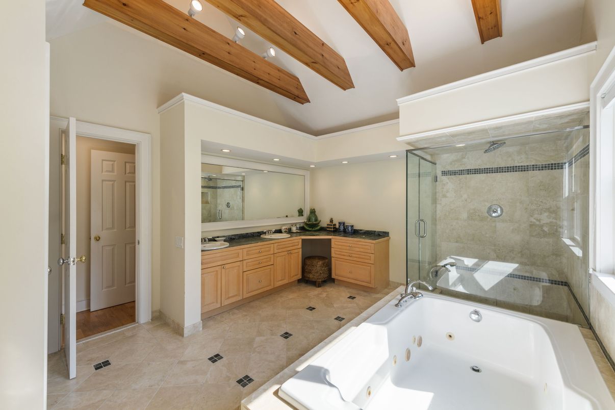 Bathroom, Glass Shower, Interior, Recessed Lighting, Wooden Beams