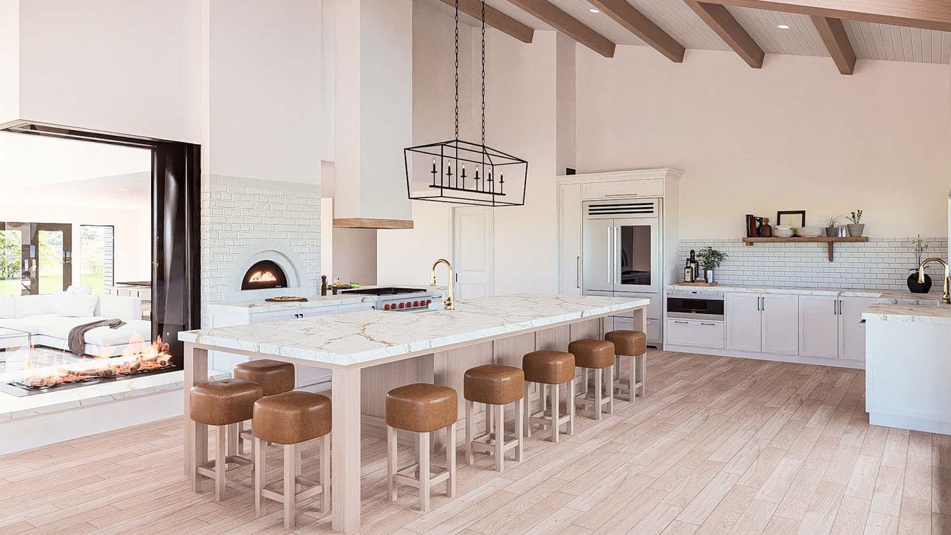 Fireplace, Interior, Kitchen, Pendant Lights, Recessed Lighting, Stainless Steel Appliances, Wooden Beams, Wood Texture Flooring