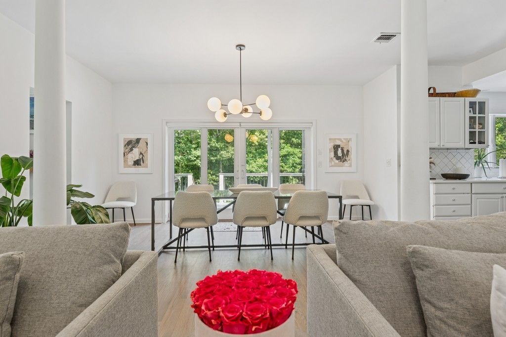 Dining room, Interior, Living room, Pendant Lights, Wood Texture Flooring