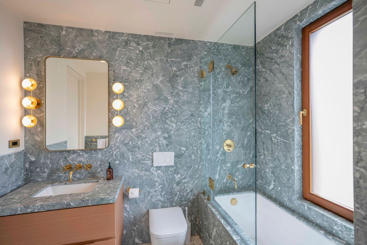 Bathroom, Glass Shower, Interior, Marble Walls