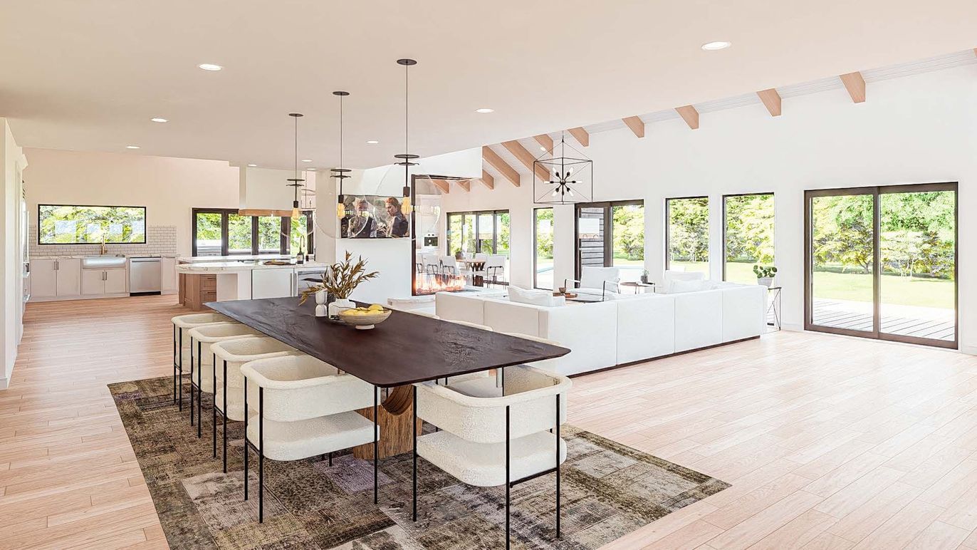Dining room, Interior, Kitchen, Living room, Pendant Lights, Recessed Lighting, Wooden Beams, Wood Texture Flooring