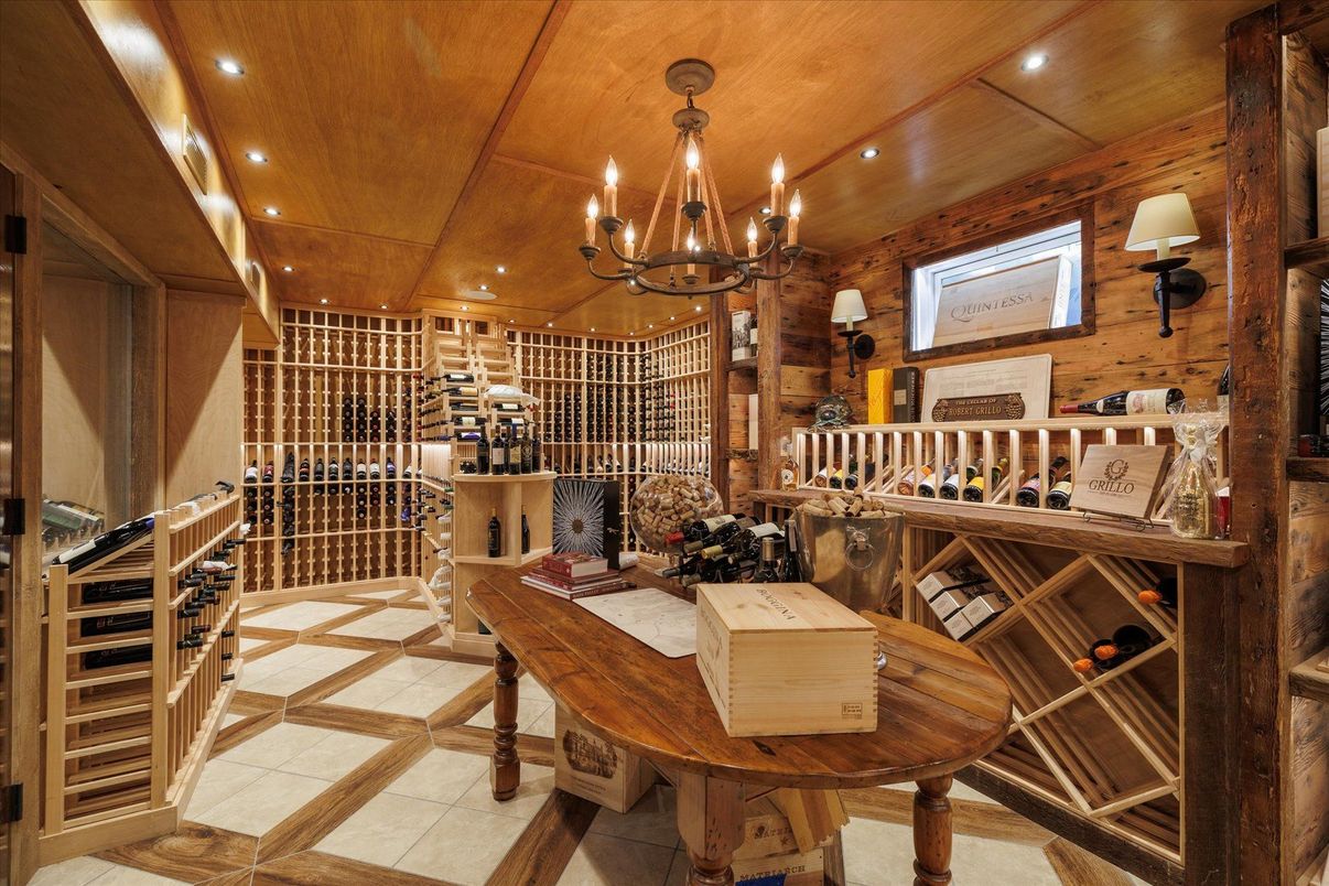 Chandelier, Interior, Recessed Lighting, Wine Storage, Wooden Ceilings, Wooden Walls