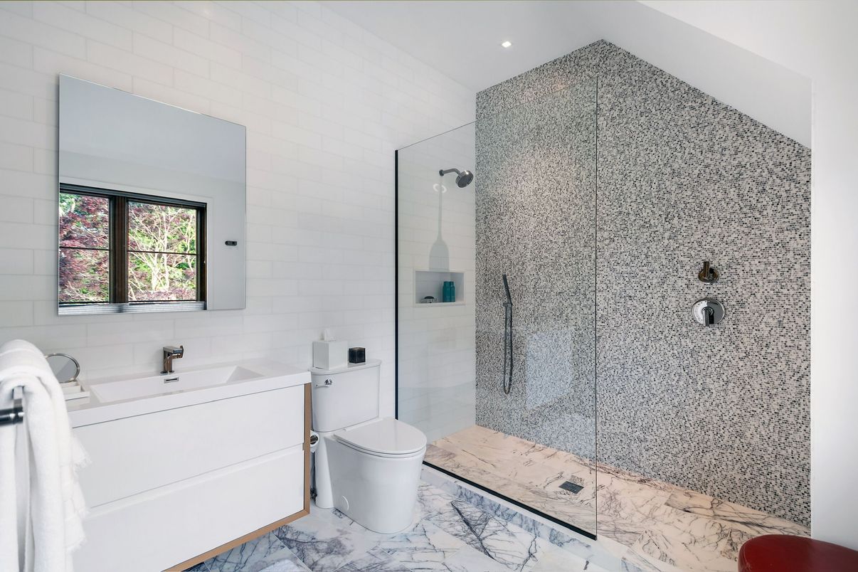 Bathroom, Glass Shower, Interior, Marble, Pendant Lights, Recessed Lighting