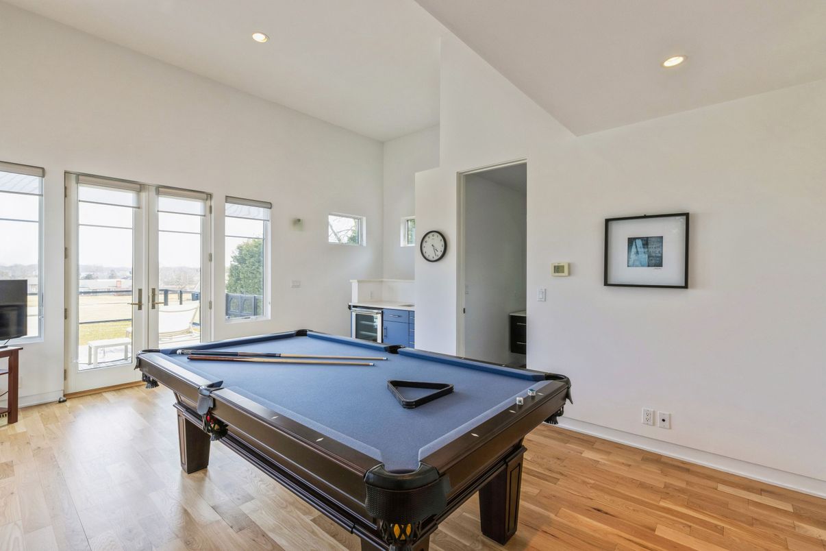 Billiard Table, Game Room, Interior, Recessed Lighting, Wood Texture Flooring