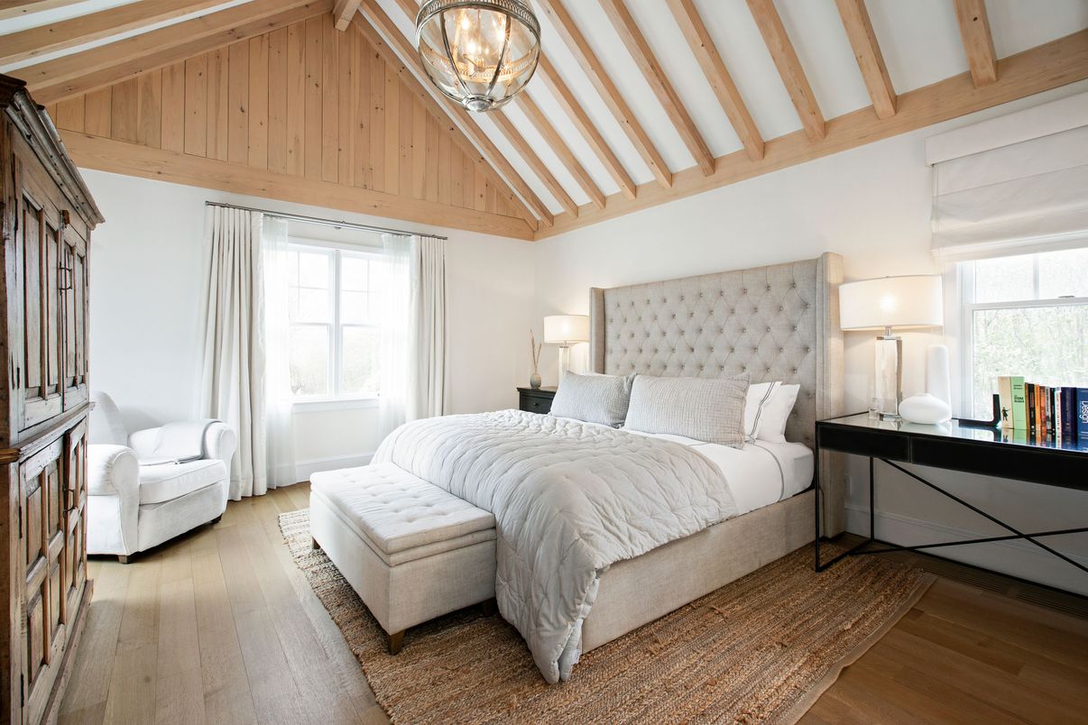 Bedroom, Chandelier, Interior, Wooden Beams, Wood Texture Flooring