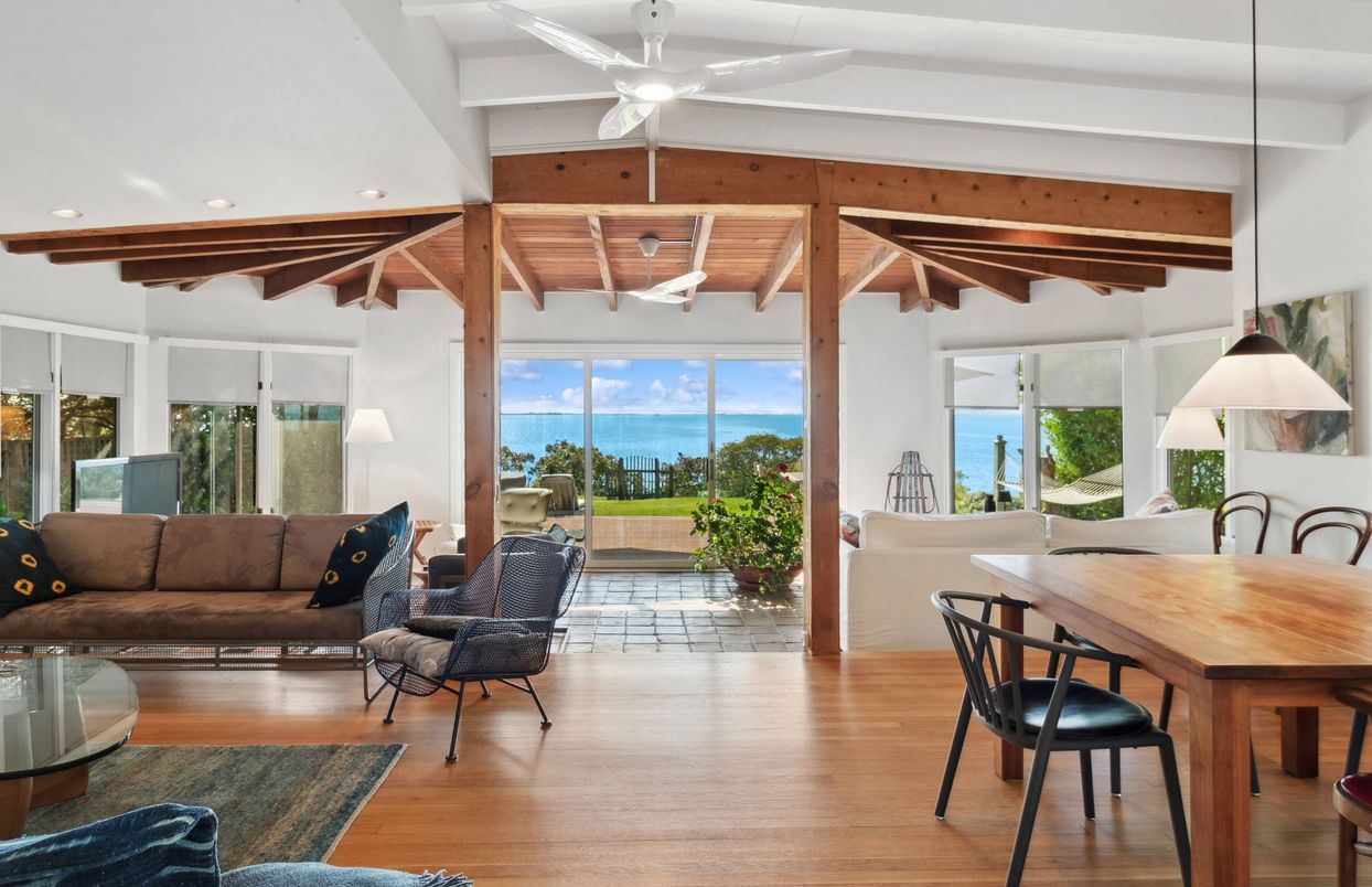 Dining room, Interior, Living room, Recessed Lighting, Water, Wooden Beams, Wooden Ceilings, Wood Texture Flooring