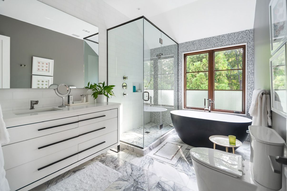 Bathroom, Dual Sink Vanities, Free Standing Baths, Glass Shower, Interior, Marble