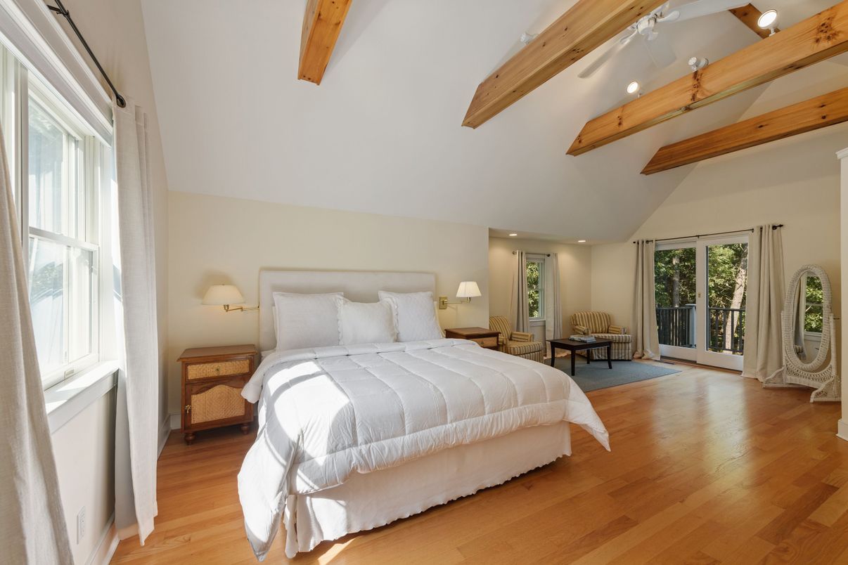 Bedroom, Interior, Recessed Lighting, Wooden Beams, Wood Texture Flooring