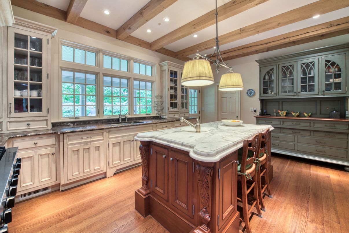 Interior, Kitchen, Pendant Lights, Recessed Lighting, Wooden Beams, Wood Texture Flooring