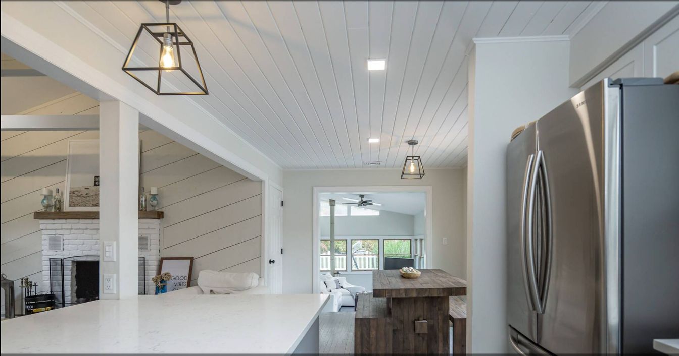 Dining room, Fireplace, Interior, Kitchen, Pendant Lights, Recessed Lighting, Stainless Steel Appliances