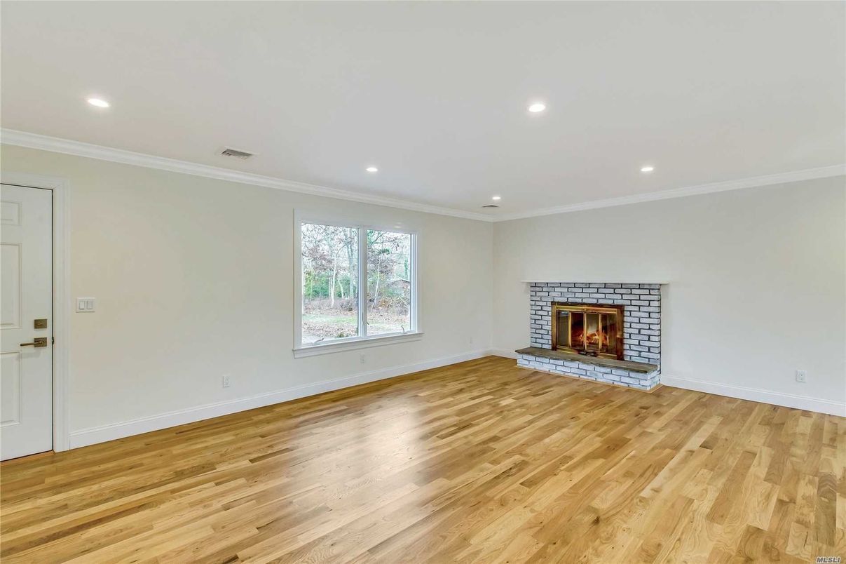 Empty room, Fireplace, Interior, Recessed Lighting, Wood Texture Flooring