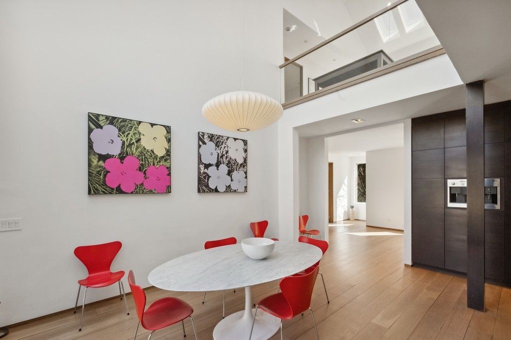 Dining room, Interior, Pendant Lights, Recessed Lighting, Wood Texture Flooring