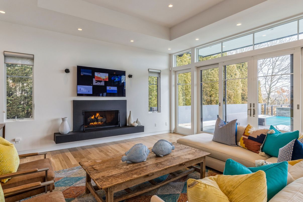 Fireplace, Interior, Living room, Recessed Lighting, Wood Texture Flooring